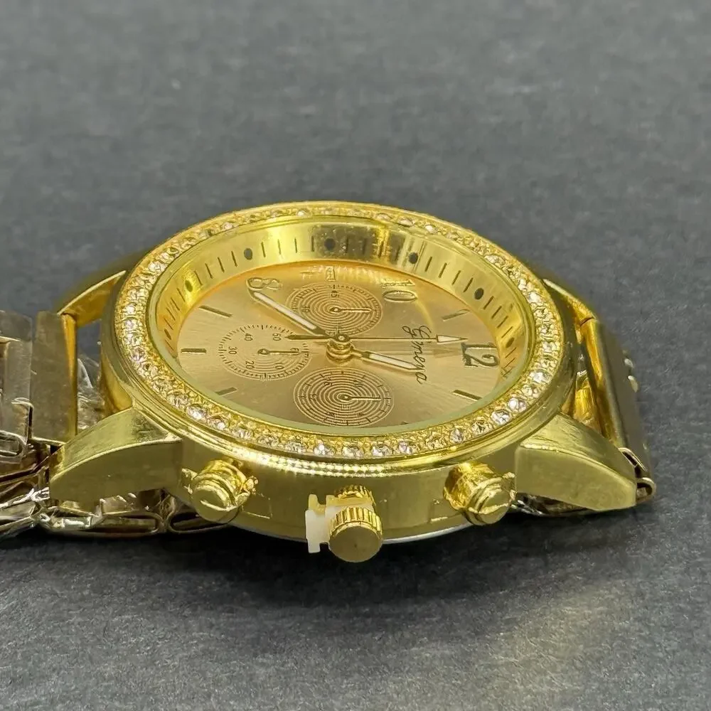 Geneva Women's Gold Tone Watch Rhinestone Crystal Bezel Faux Chronograph NEW
